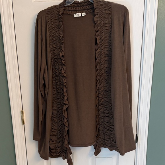 Cato Chocolate Brown Ruffle-Front Open Cardigan - Picture 2 of 4